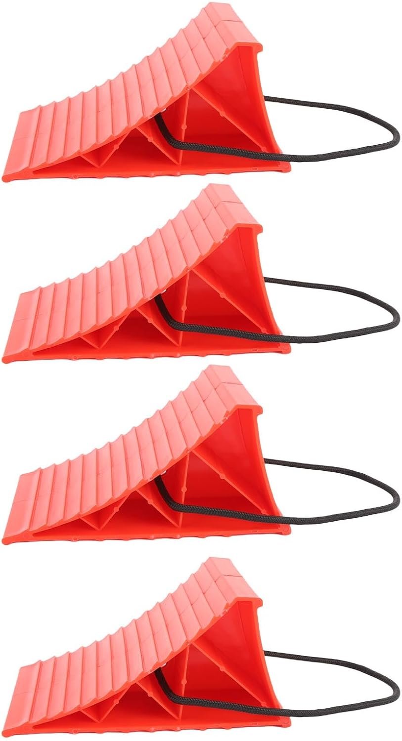 Keenso 2PCS Heavy Duty Wheel Chocks, Hard Plastic Tire Stopper with Handle Strap for RV Camping Car Trailer Van Anti Slip (Red)
