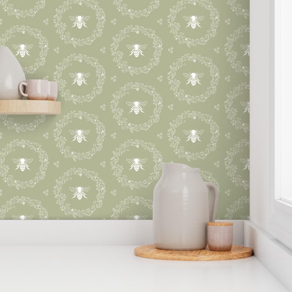 Spoonflower Peel & Stick Wallpaper Swatch - Honeybee Rustic Floral Country Nature Traditional Bee Cottage Farmhouse White On Sage Green Custom Removable Wallpaper