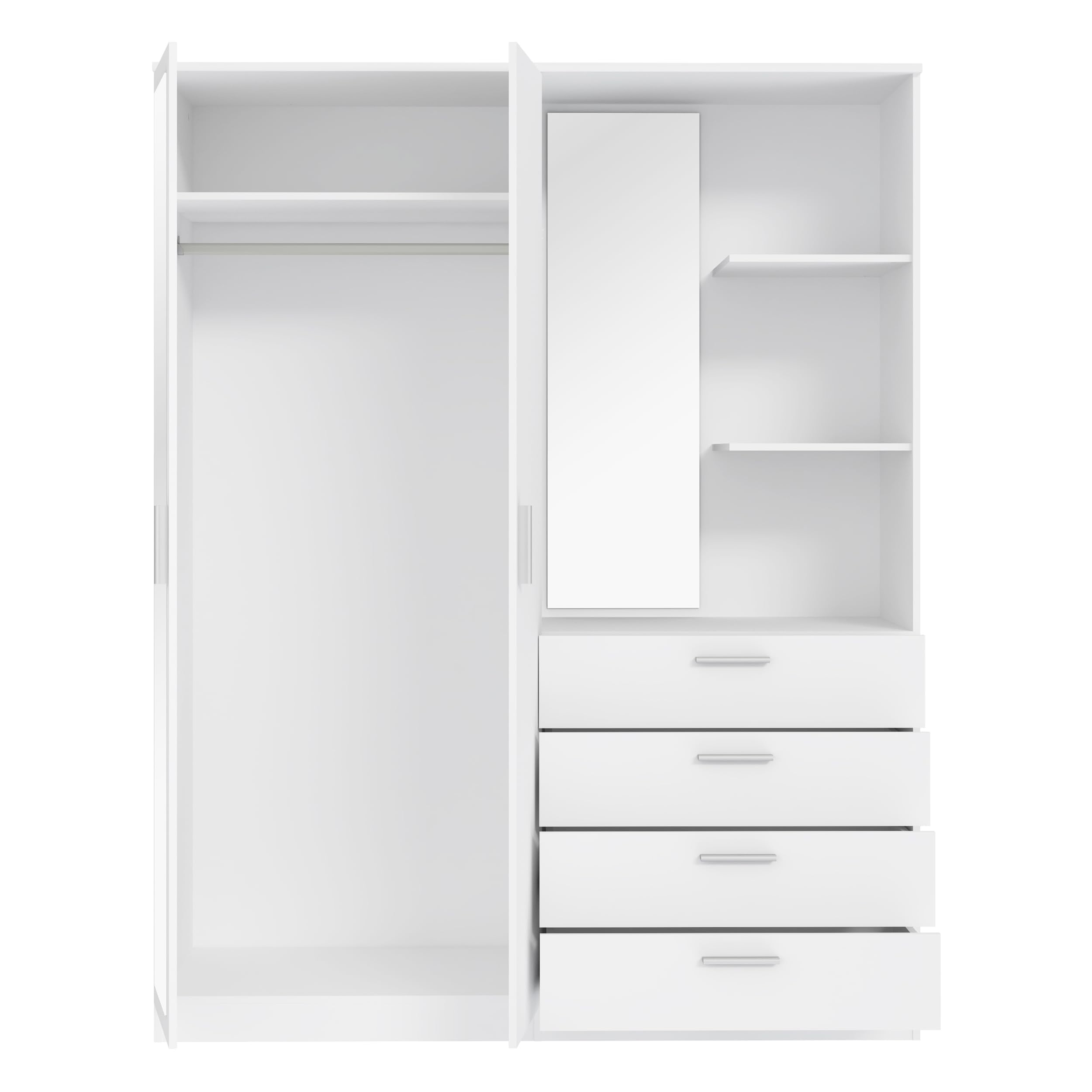 Forte DEWANIA Kleiderschrank 160, Schrank mit offenen Regalfächern und Spiegel, Holzwerkstoff, Weiß, 159,3 cm breit, 203,4 cm hoch, 52,7 cm tief