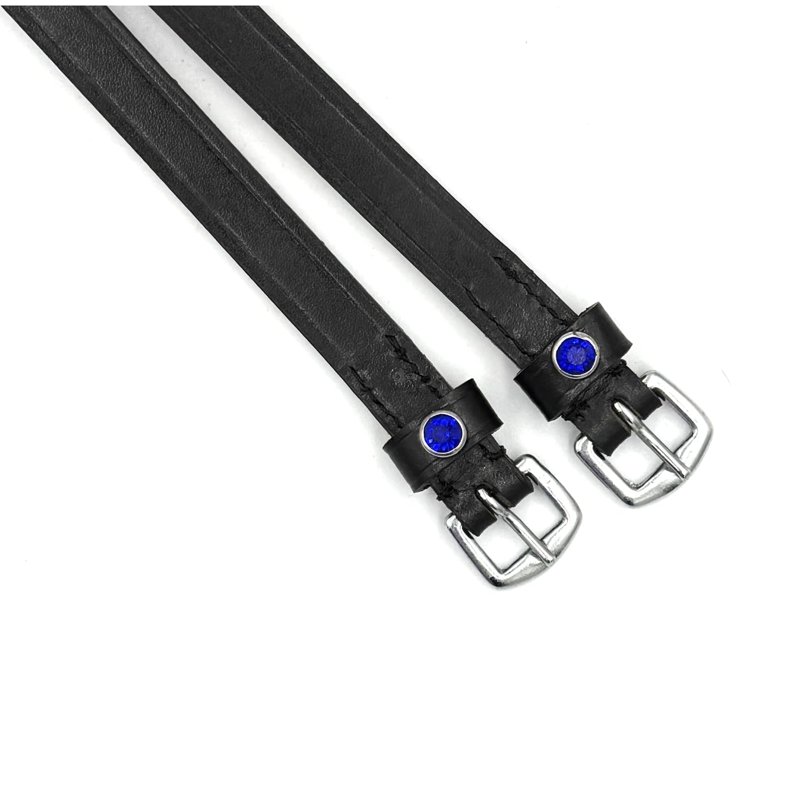 Equine Smile ES4010 Sporenreimen mit Strass Kristall aus Leder für Sporen Ersatzriemen Zubehör Pferdespornriemen Reitsporenriemen Fixierung von Reitsporen (Schwarz Leder/Blaue Strasssteine)