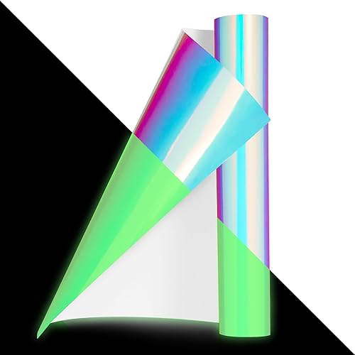 AHIJOY Vinilo adhesivo permanente que brilla en la oscuridad, 12 pulgadas x 10 pies, ópalo holográfico blanco a verde neón, vinilo adhesivo luminoso