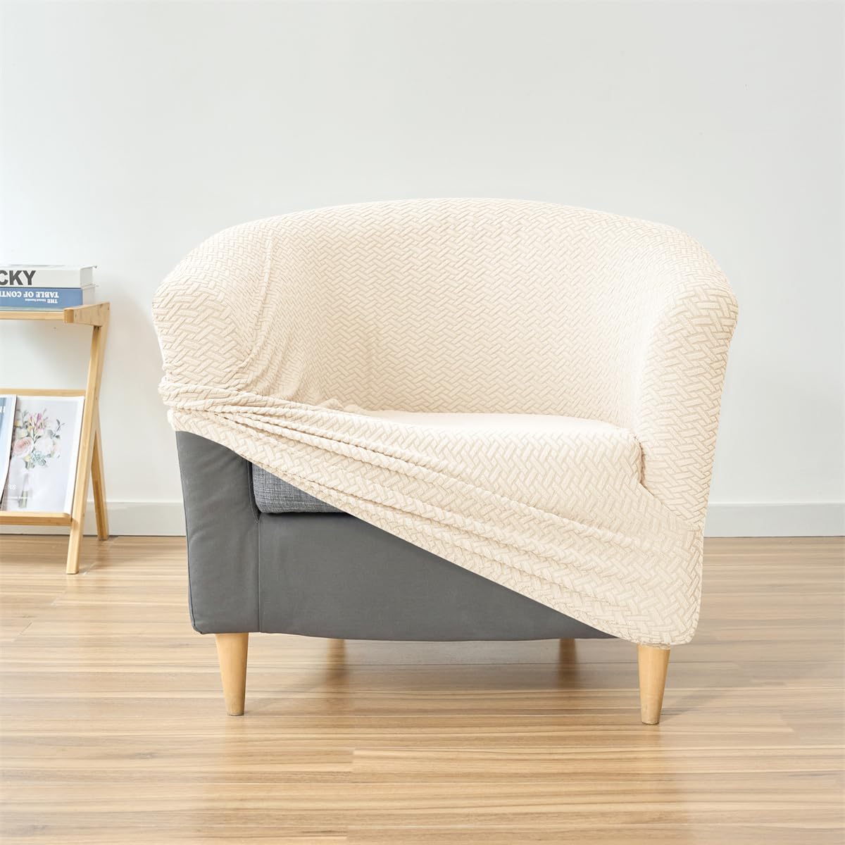 Housse de Fauteuil Cabriolet 1 Place Beige Chesterfield Jacquard Extensible Tub Chair pour Salon Café