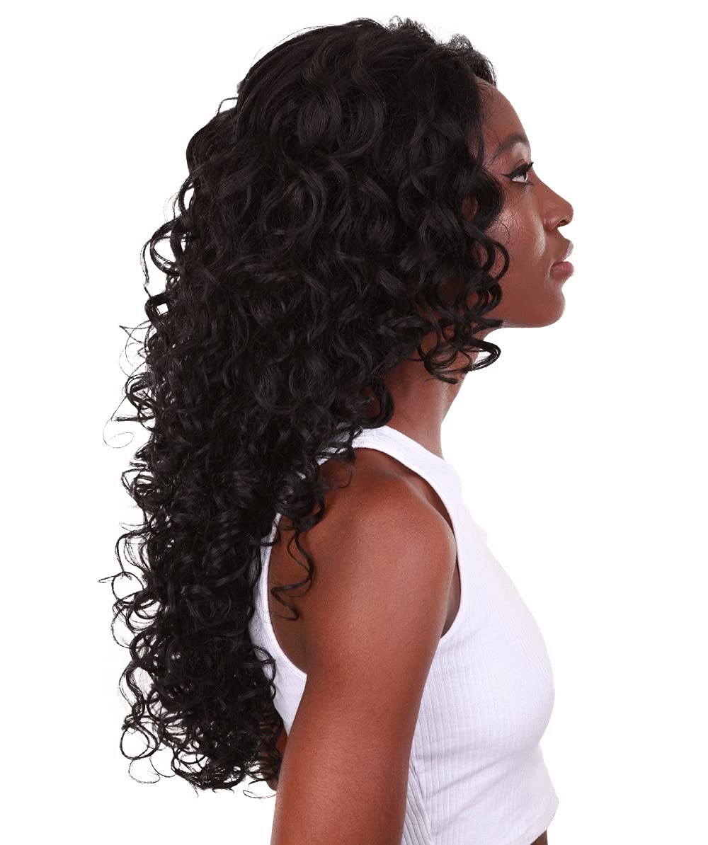 LUXLUXE Mariah Curly 16 Inch Long 7x4 Hand-Tied Lace Front Wig, Heat Resistant Fiber, 20+ Shades of Natural, Dip Dyed, & Blended Colors (#1 - Black)