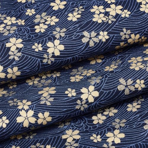 MAYJOYDIY Tela de algodón azul de 1 m, 150 cm, tela japonesa Sakura para acolchar, paquetes de telas doradas con estampado de flores de cerezo y ondas, para coser ropa, bolsa, mantel, sofá, almohada,