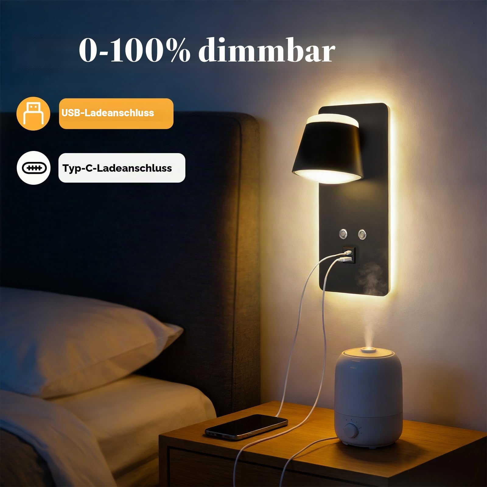 LED Wandleuchte Innen, 3 IN 1 LED Wandleuchte mit Schalter, 12W Dimmbar Nachttisch Leselampe mit USB Ladeanschluss, LED Wandleuchte für Hotelflur, Innenbereich, Nachttischlampe Wohnzimmer(2PCS)