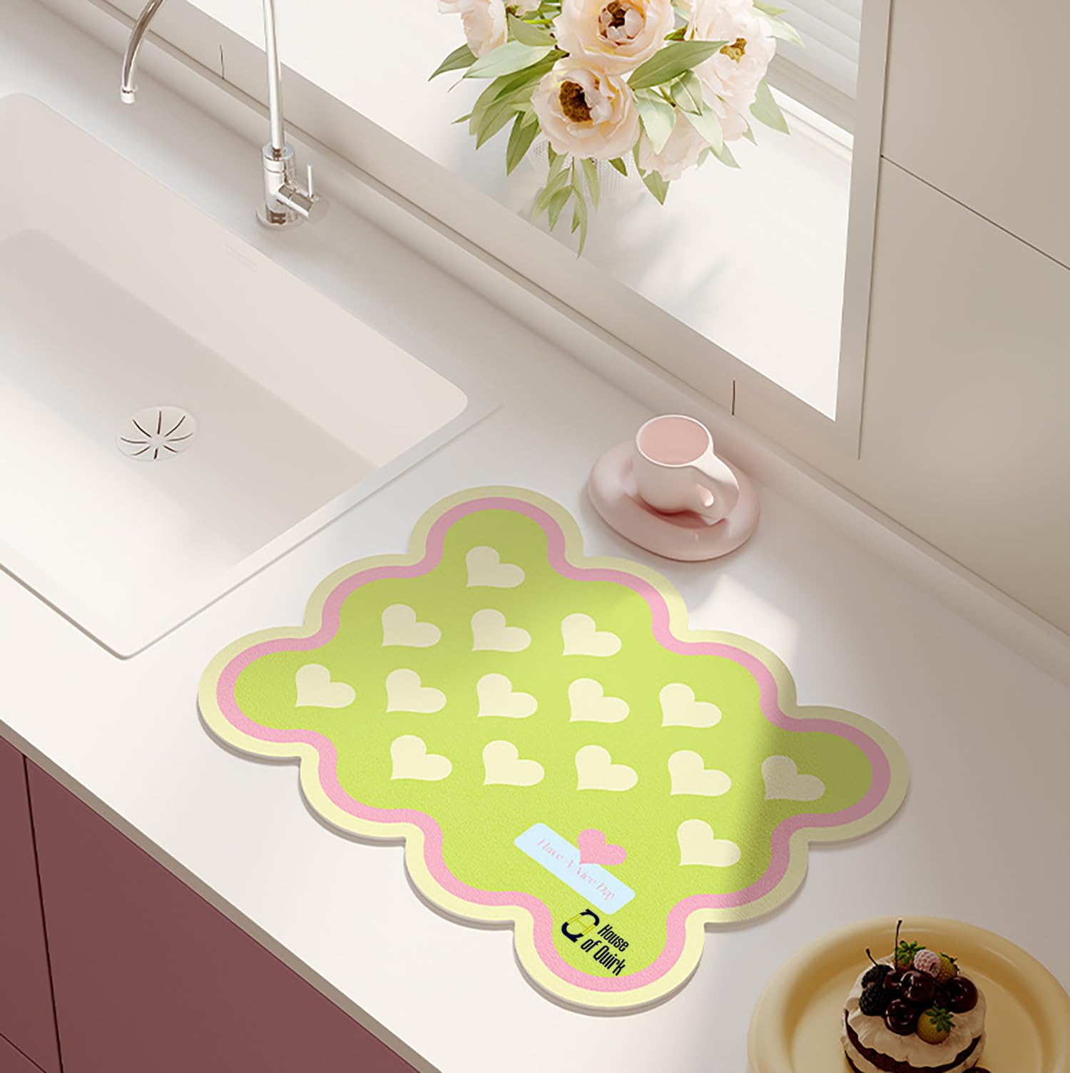 Cute Dish Drying Mat - Lime Heart Design -1