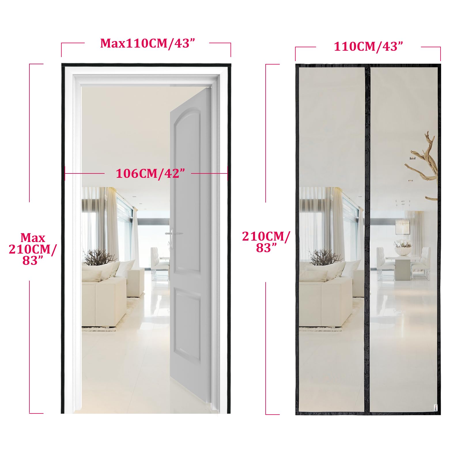 HOOMEE Zanzariera per Porta, 110x210 CM Tenda Magnetica per Porte Finestre e Patio, Magneti Potenti per una Perfetta Chiusura Automatica, Installazione Facile senza Foratura (Nero)