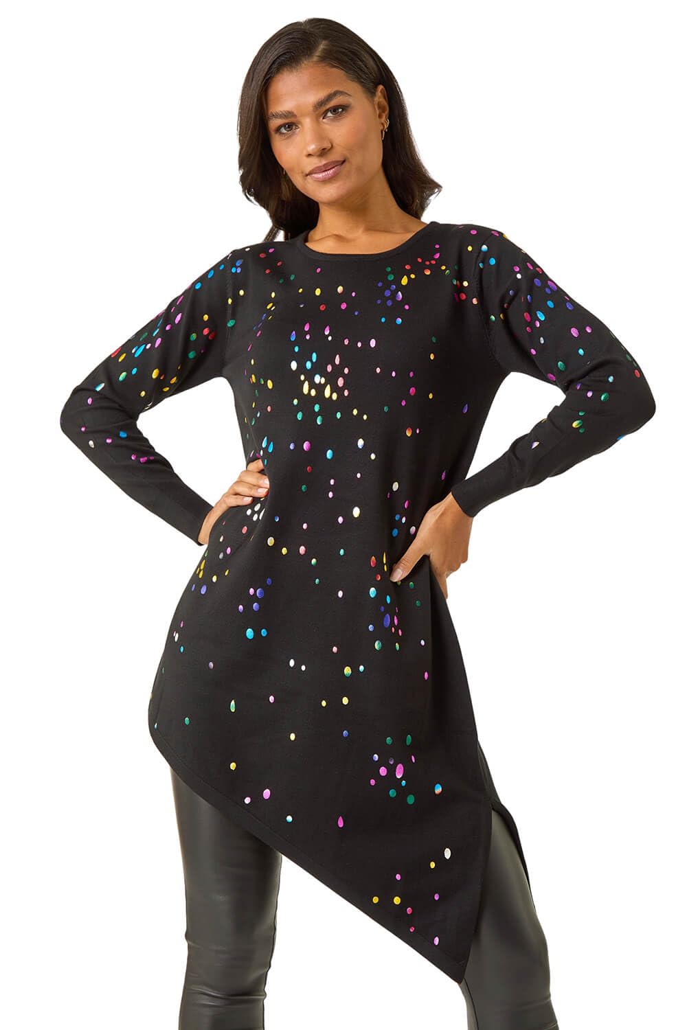 Roman Originals Women's Black Roman Metallic Spot Print Asymmetric Jumper For Uk - Autumn Everyday Winter Holiday Round Neckline Comfy Long Sleeve Soft All Over Pattern Top Daywear Sweaters - Size 14