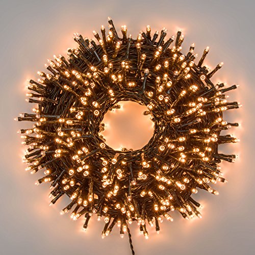 XMASKING Cadena 24,5 m, 600 LED Blanco cálido Tradicional, con Controlador de Memoria, Cable Verde, 24 V, Exterior