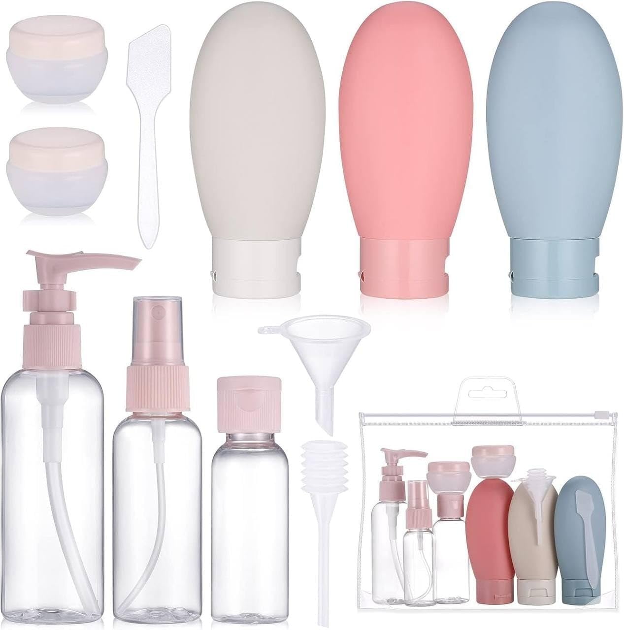 Maruti Store Travel Refillable Toiletry Bottle Set 11 Piece Leakproof Travel Containers with Silicone Squeeze Bottles, Spray Bottle, Pump Bottle, Cream Jars, Funnel, Spatula-image-1