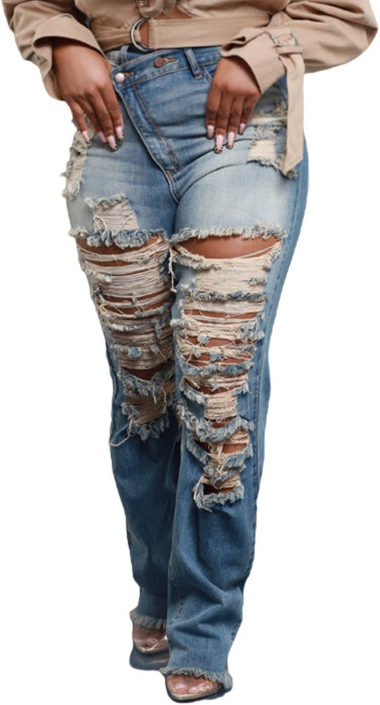 Unybwonn Women Skinny Ripped Jeans High Waisted Distressed Asymmetrical Straight Leg Denim Pants Raw Trim Stretchy Jean
