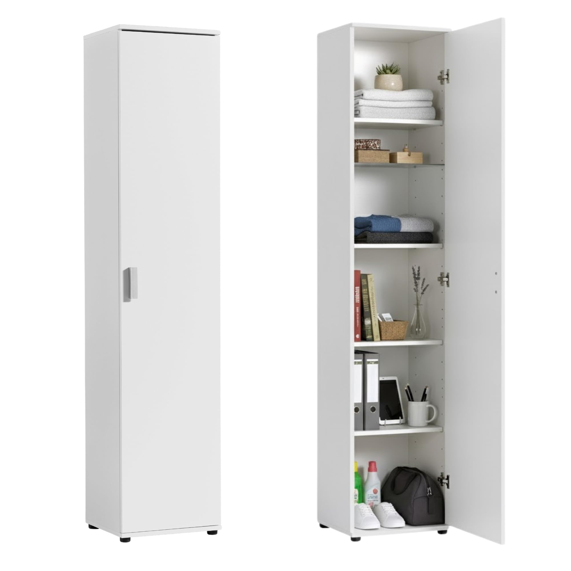 Home Collective Mehrzweckschrank Schmaler Schrank 40 cm mit 1 Tür & 4 Einlegeböden | Universalschrank Haushaltsschrank für Haushalt, Flur, Büro oder Schlafzimmer | 40x35x184 cm (BxTxH) | Weiß