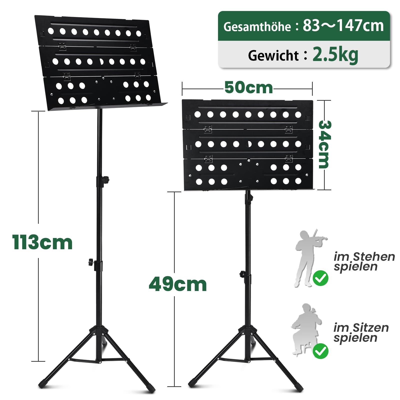 Professioneller Notenständer, höhenverstellbar (49-113cm) robuster Music Stand für Konzert und Reise, Notenständer Klappbar inklusive mit Metall-Dreibein, belüftete Platte & Transporttasche (Schwarz)