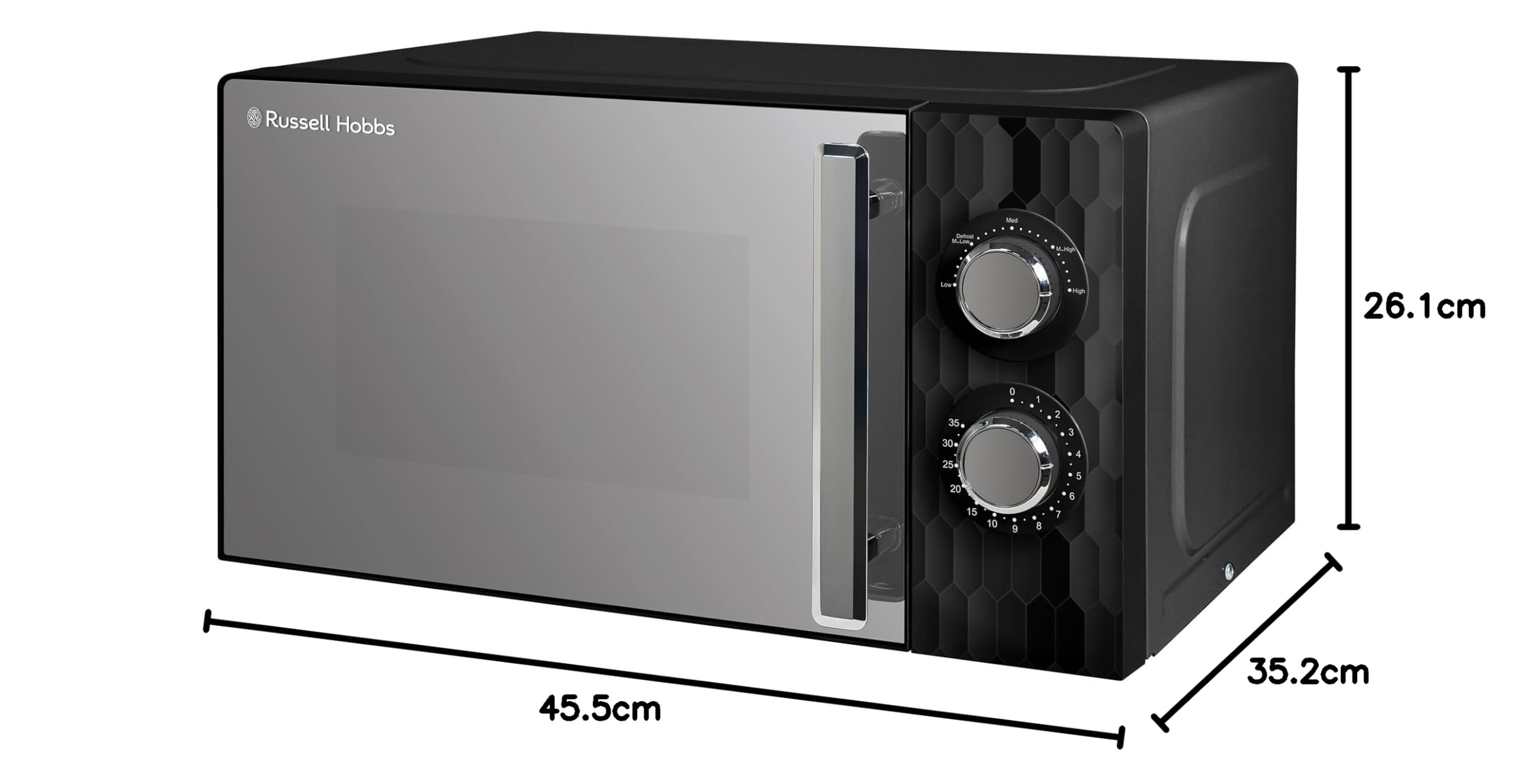Forno a Microonde Manuale Solo Russell Hobbs Honeycomb RHMM715B da 17 Litri e 700W, Nero, con 5 Livelli di Potenza, Timer Integrato e Funzione Scongelamento.