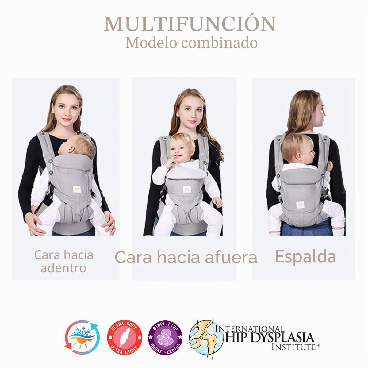 SONARIN Mochila portabebé Convertible Premium,Ergonómica,capucha de dormir,para recién nacidos y bebés(3-48 meses),carga máxima 20 kg,Soporte para la Cabeza,Marsupio portabebé(Gris)