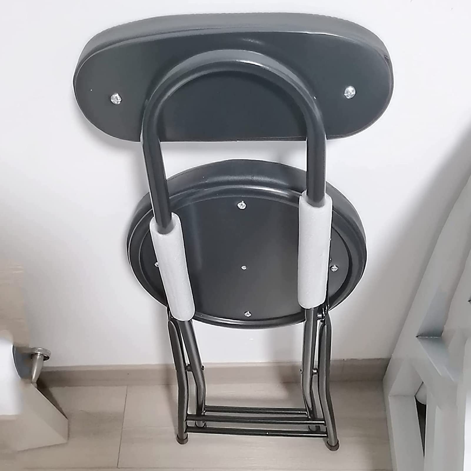 Tabouret Pliant en PU avec Dossier, Tabouret Rond Pliable et Rembourré, Chaise de Cuisine Portable et Pliable pour Le Bureau, La Table à Langer (Color : Black)
