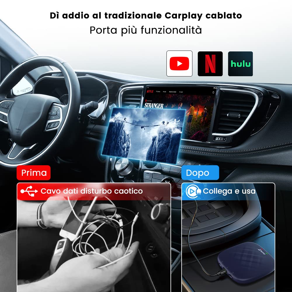 CarlinKit 2026 AIBOX Adattatore Wireless Carplay/Android Auto AIBox-Plus con sistema integrato RAM 8G + ROM 128G per auto con touchscreen CarPlay cablato di fabbrica