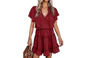 Tie Waist Split V-Neck Ruffle Chiffon Mini Dress for Women 2024