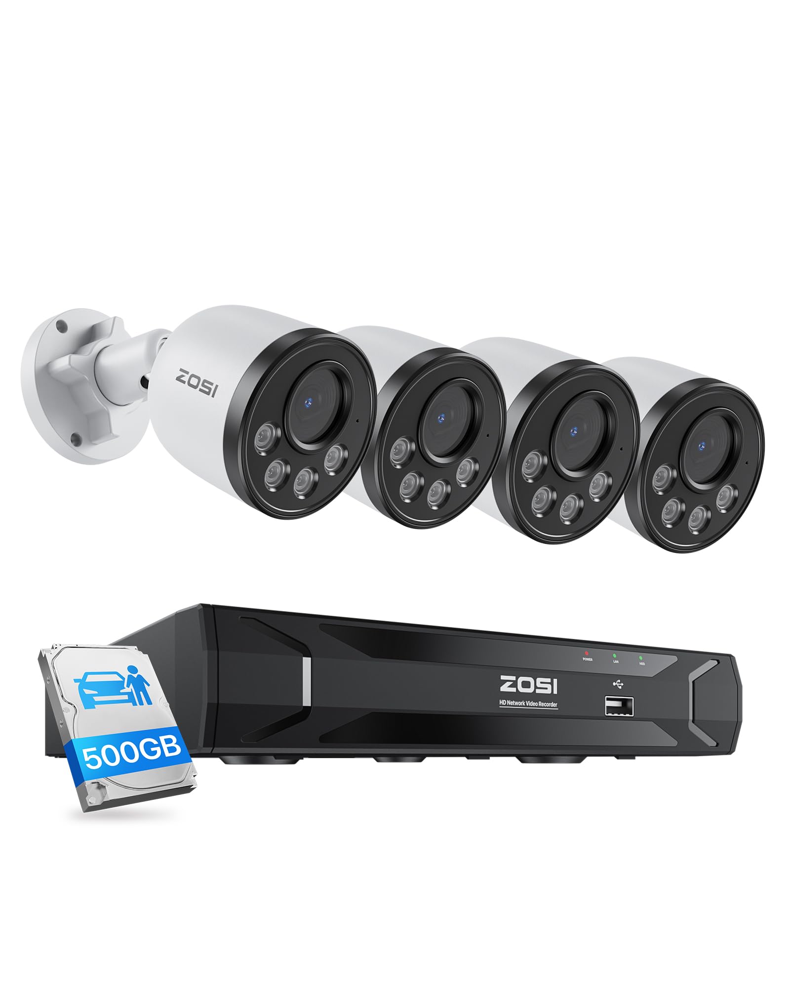 ZOSI 5MP Kit Telecamera Sorveglianza PoE Audio, H.265+ 8CH 5MP 500GB NVR, 4 Telecamere IP PoE 4MP 2,5K per Esterno e Interno, Visione Notturna, Rilevamento Umano Intelligente, Accesso a Distanza | 4 Telecamere IP PoE 4MP 2,5K per Esterno ed Interno, Visio