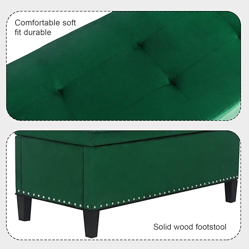 Miniatura 8 de Adeco Otomana rectangular de almacenamiento, banco de terciopelo copetudo en el extremo de la cama con remache, taburete reposapiés, mesa de café