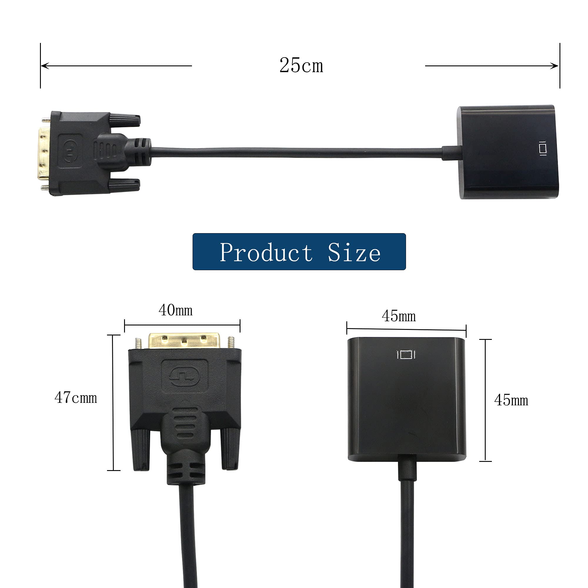 QIANRENON Adattatore da DVI-D a VGA Dual Link 24+1 Maschio a Femmina, Cavo di Prolunga Video 1080p per Collegamento di Sistemi DVI-D a Monitor, Nero, 25 cm