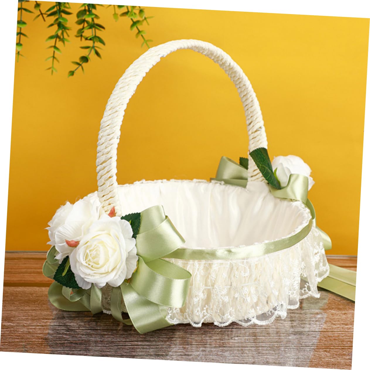 KOMBIUDA Hochzeitsblumenkorb für Blumenmädchen Kleiner Dekorativer Korb aus Kunststoff und Stoff mit Band für Hochzeit und Bankett