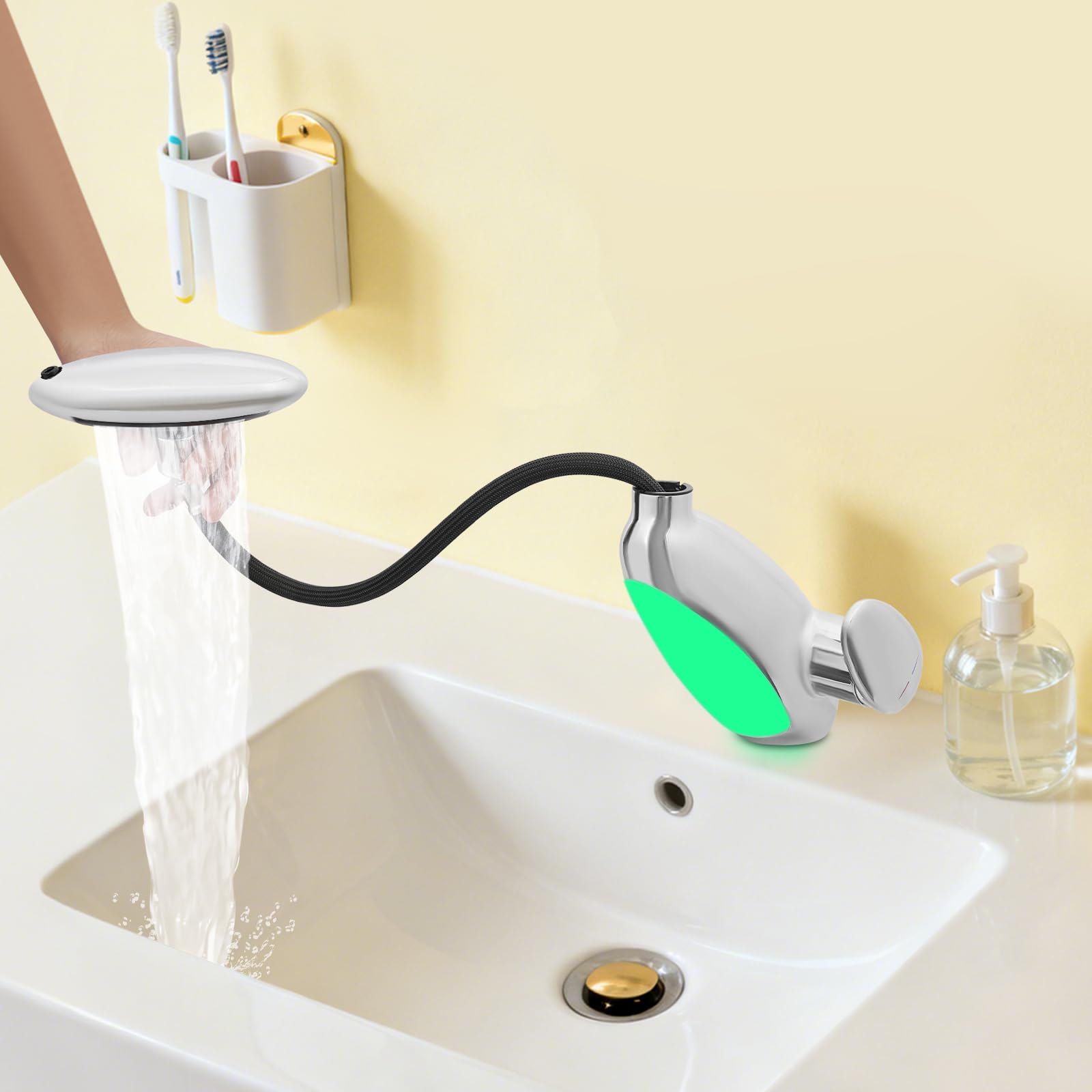 Robinet de salle de bain - LED - Robinet de lavabo cascade - Lavabo créatif avec douchette extractible - Éclairage multicolore - Rotation à 360° - 4 modes (Chrome)