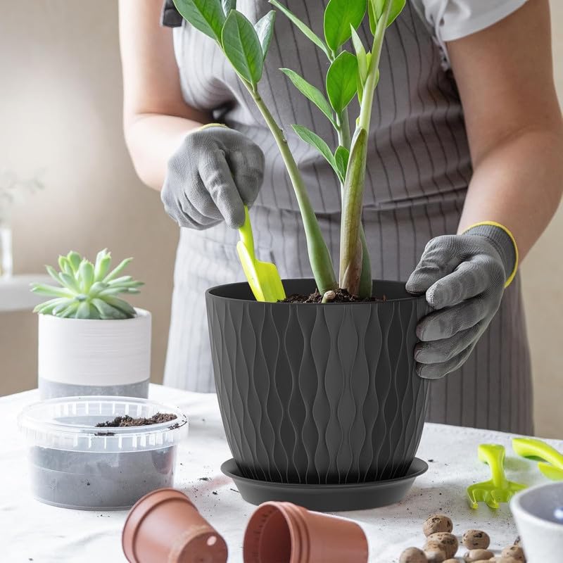 Image of StyleX Store Plastic Round Flower Pots with Drainage Hole Saucers | Durable Outdoor Indoor Wave Pattern Planters with Tray | Plant Containers for Garden, Office, Balcony and Home (Set of 5, Black)