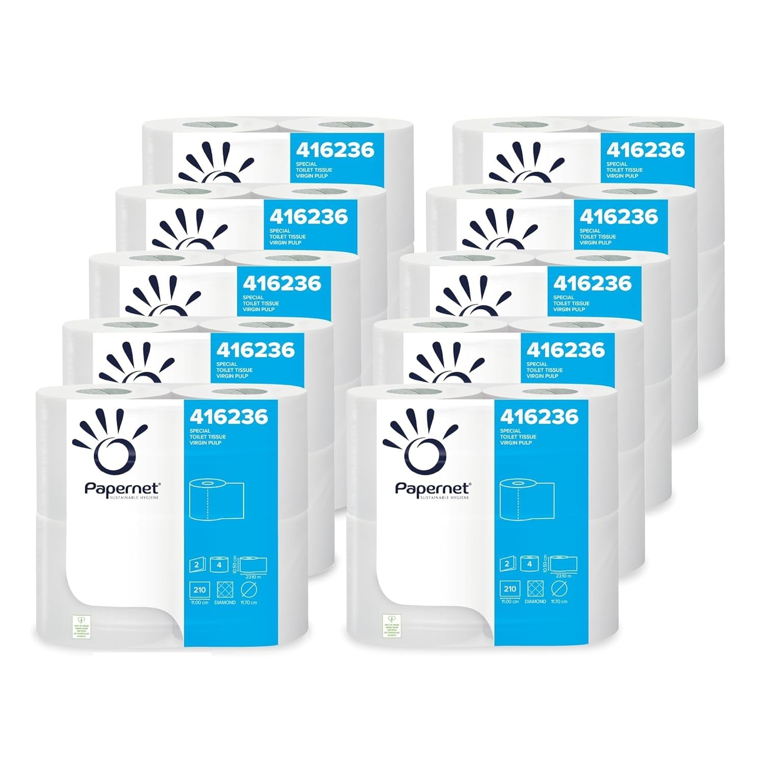 Papernet - Toilet Paper 416236, 40 Rolls in Pure Cellulose, 210 Sheets Each, 2 Plies, Diameter 11cm, Core 5cm, Diamond Embossing, White, Made in the UK