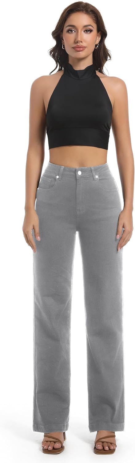 Guaile Women’s Jeans High Waisted Straight Leg Stretchy Jeans Trendy Wide Leg Tummy Control Loose Casual Denim Pants