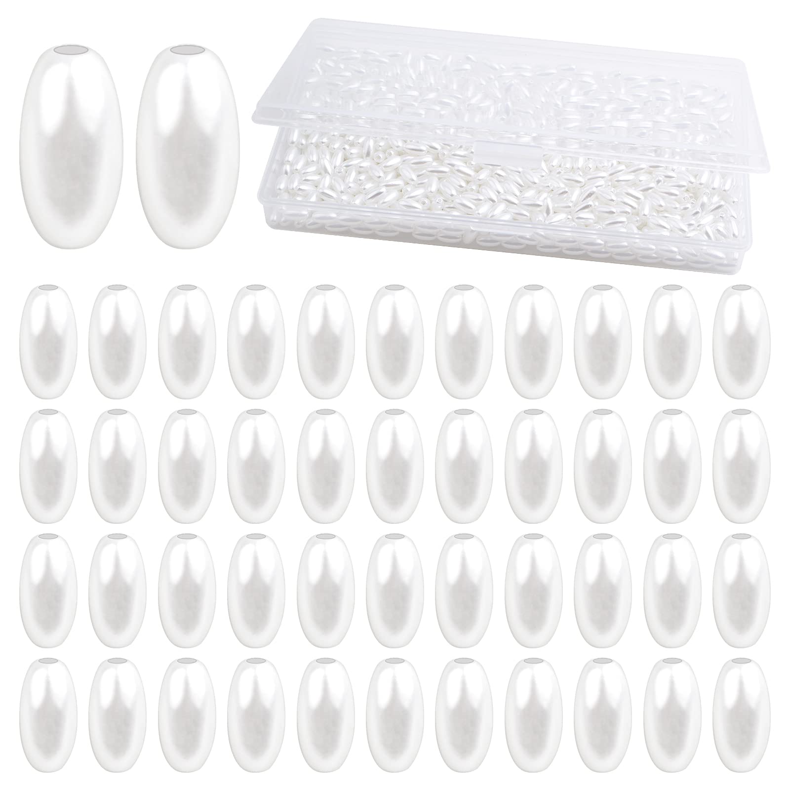1000pcs White Long Pearl Beads Smooth Ball Imitation Pearl Beads Plastic Oval Rice Shape Spacer Beads with a Plastic Box for DIY Bracelets Jewelry Making Craft Decoration