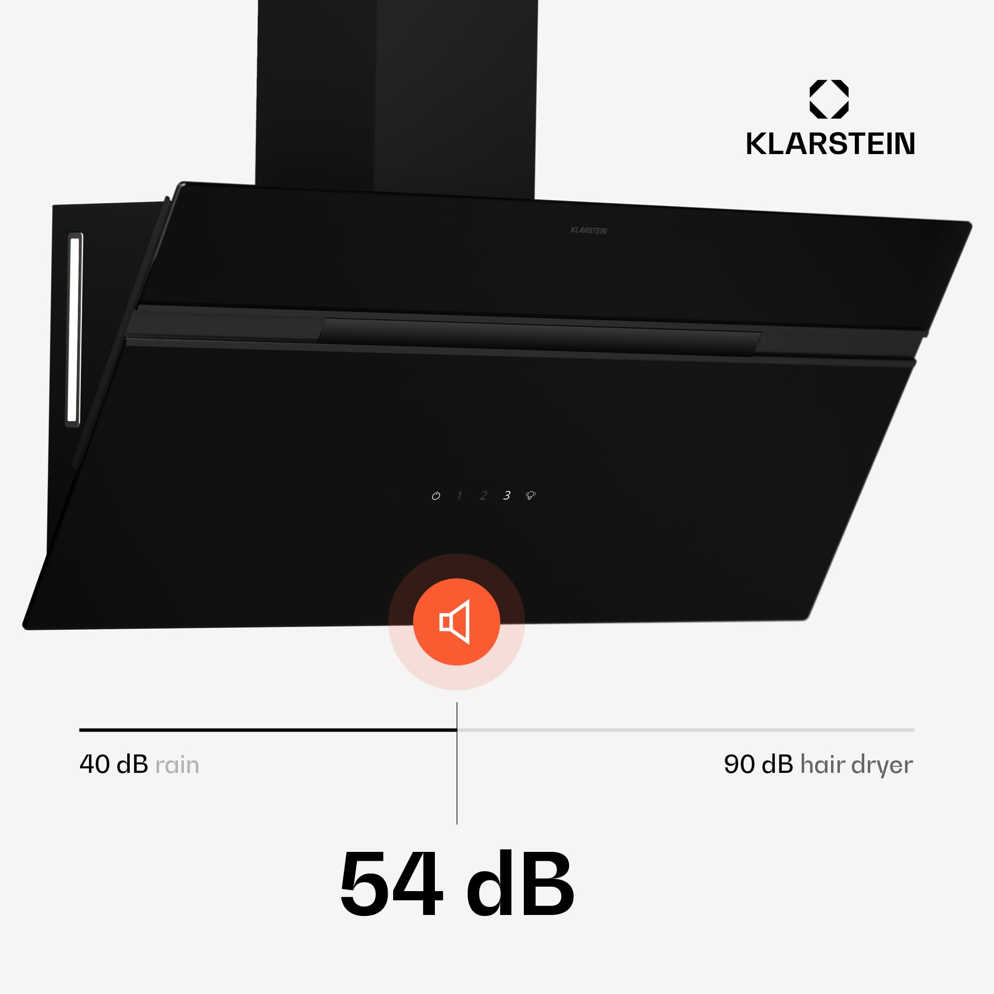 Klarstein Alina Okap kuchenny przyścienny – 90 cm, przepływ 615 m³/h, sterowanie dotykowe, klasa energetyczna A, podświetlenie LED w 9 kolorach, cichy 54 dB, czarny, opcja recyrkulacji