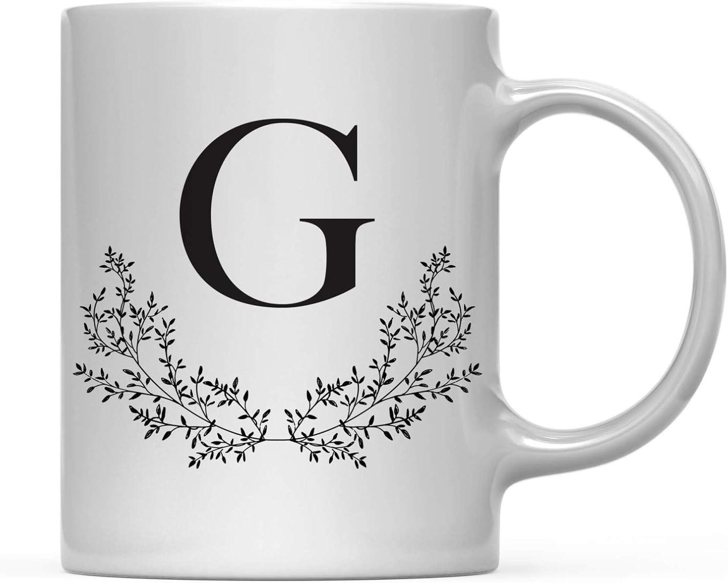 Andaz Press 11oz. Coffee Mug Gift, Vintage Boho Black Leaves Botanical Arrangement, Monogram Letter G, 1-Pack, Includes Gift Box, Christmas Birthday Mother's Day Graduation Coworker Present Ideas