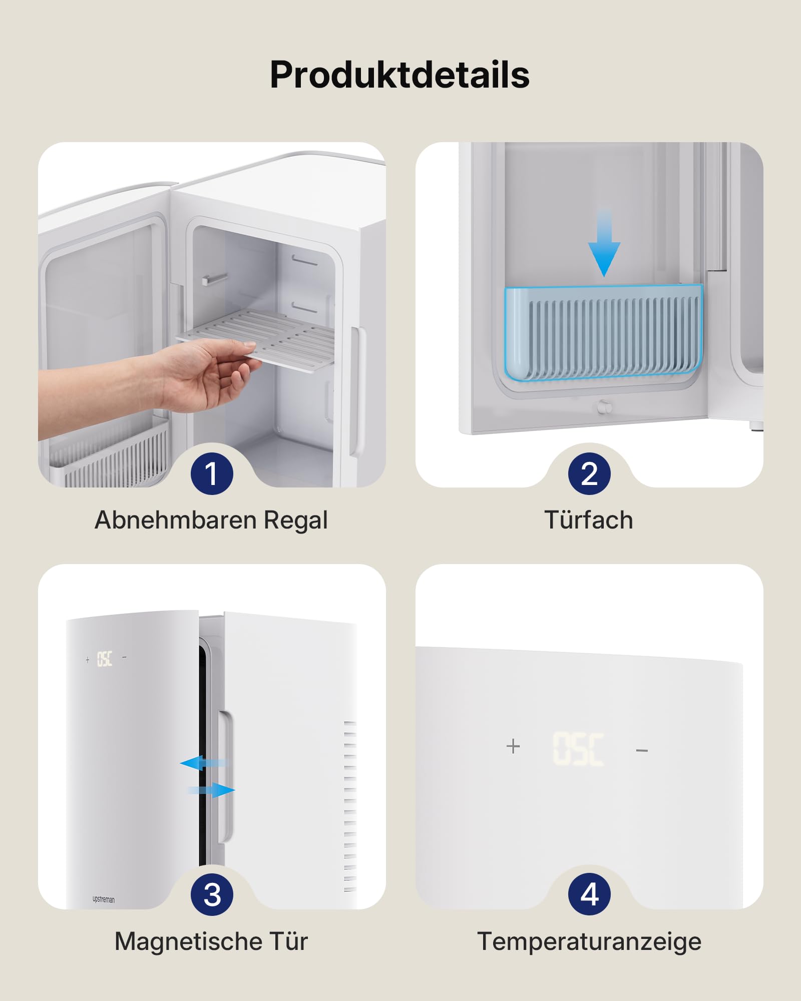 Upstreman 2 in 1 13L Mini Kühlschrank, 12V/220V, TR13-Weiß | Kühlen und Wärmen, Tragbar & Lautlos, AC/DC für Auto, Büro, Zimmer, Schlafsaal, Camping
