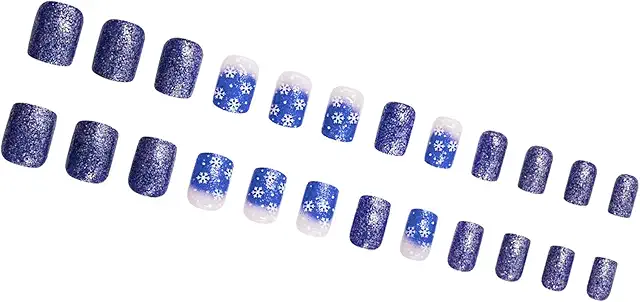 Blau Glitzer Schneeflocke Press on Nails 24pcs - Weihnachten Party Fingernägel