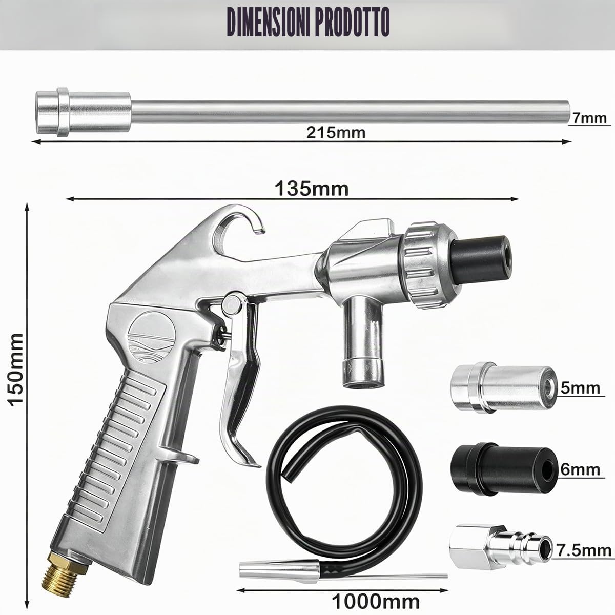 Kit di Pistola Sabbiatrice per Compressore, Pistola per Sabbiatura con Ugello Lungo per Sabbiatura e Ugelli in Metallo di Calibro 5MM/6MM, Tubo in Gomma e Collegamento all'aria per Sabbiatura