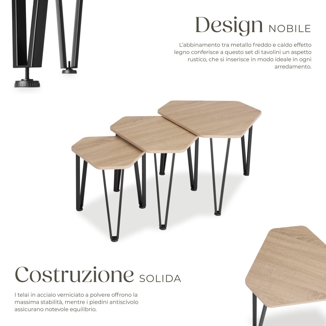 tectake 801115 Set tavolini Torquay, Piedi in plastica regolabili in altezza, Facile da curare (Industriale legno chiaro, rovere Sonoma)