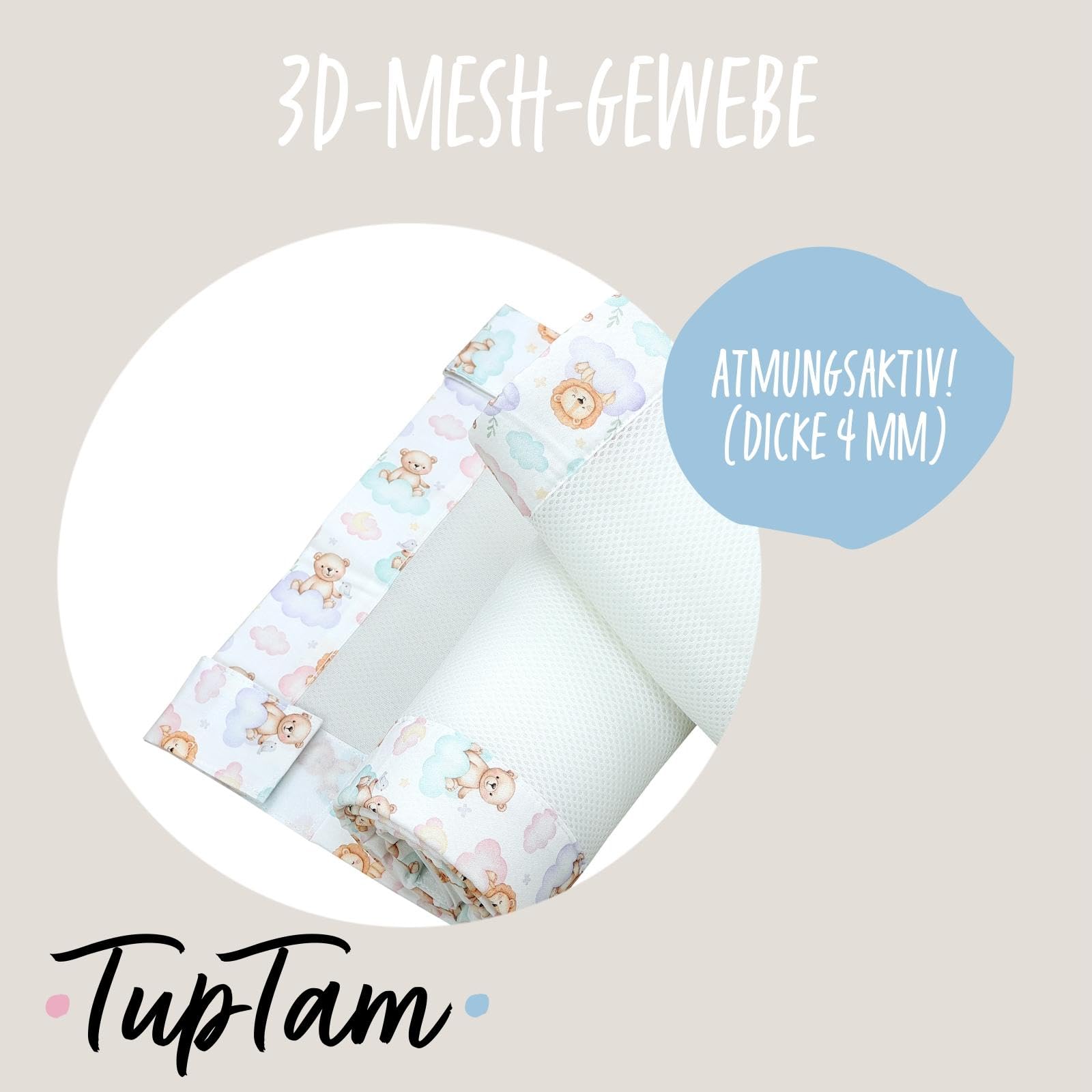 TupTam Barreaux Protection Filet Tour de Lit Bébé Mesh 3D Pack de 2 pièces, Lion et Ours, env. 128 x 30 cm (pour lit d'enfant 140x70)