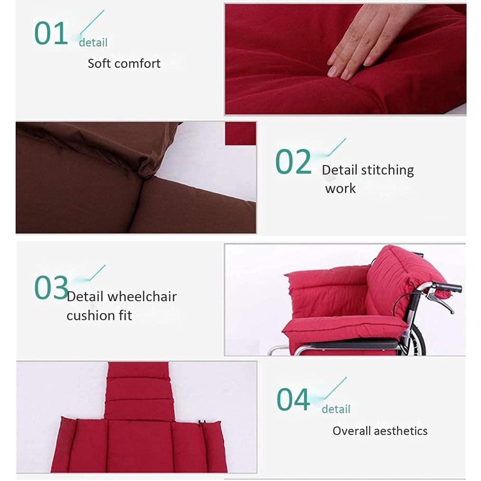 Cojín Integrado para Silla de Ruedas con Respaldo, Medical Cojin Antiescaras Lavable para Silla de Ruedas de poliéster/algodón para Personas Mayores, Rojo