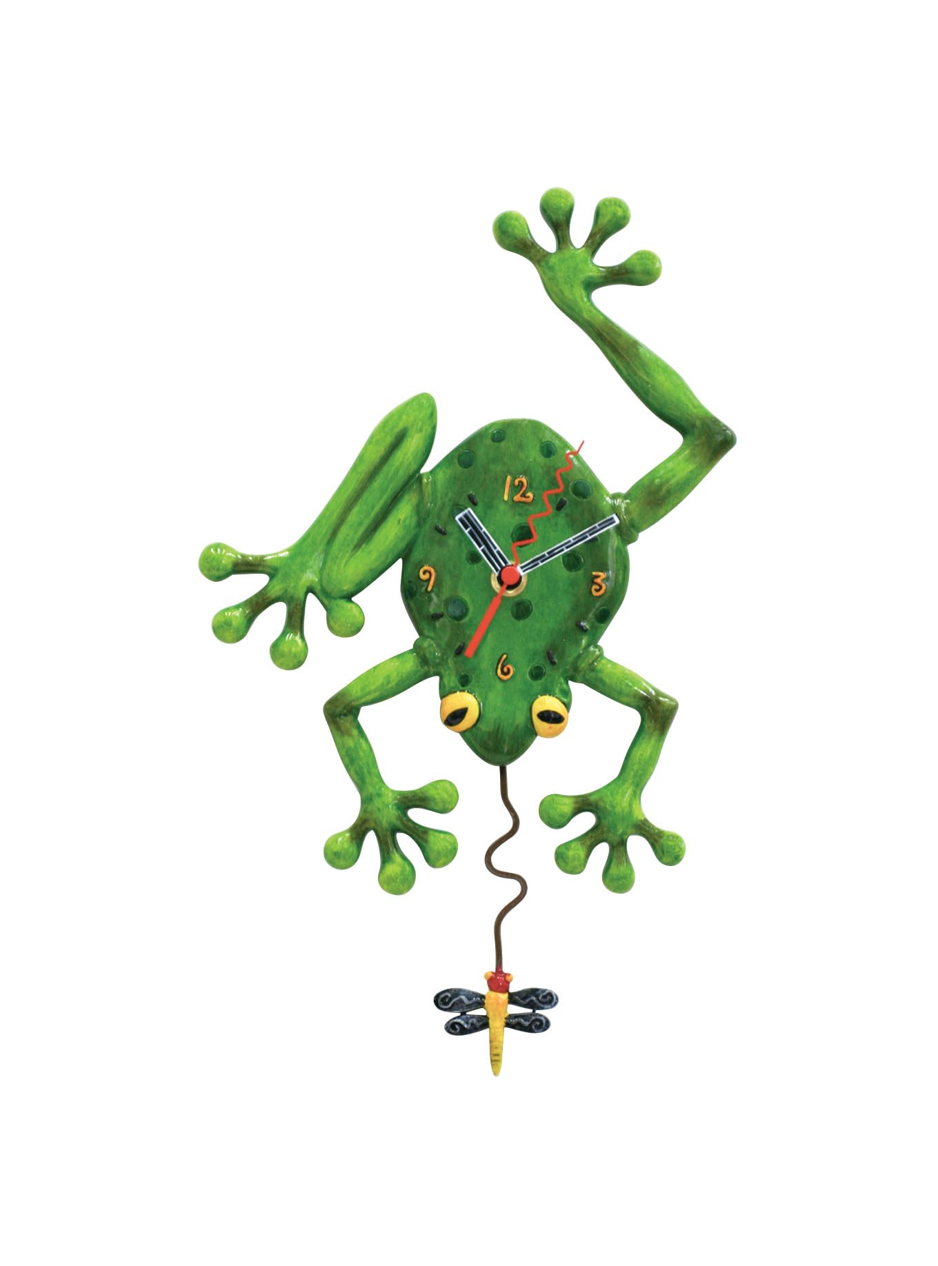 Allen Designs Enesco Frog Catching a Dragonfly Sculpted Pendulum Wall Clock, 14 Inch, Green