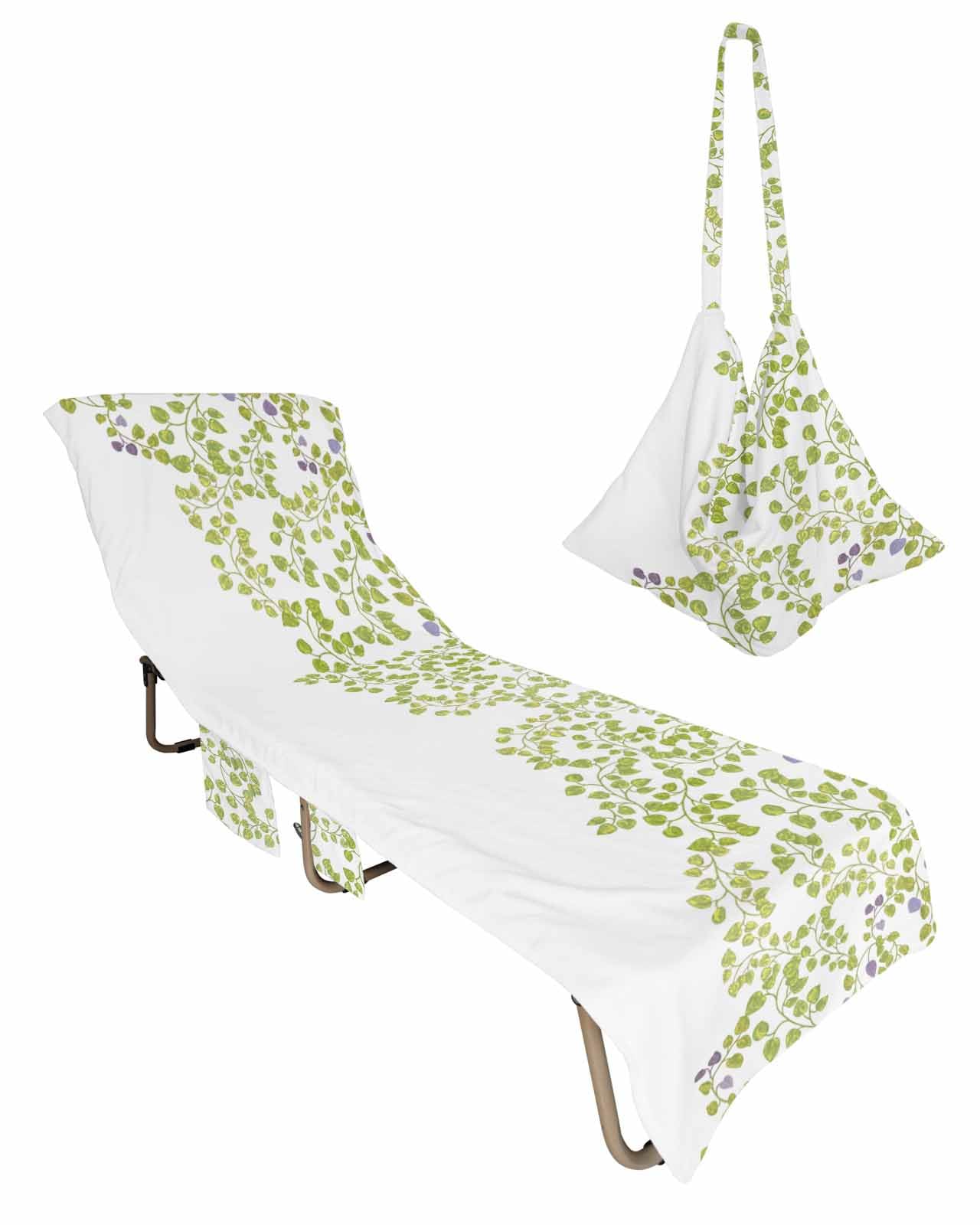 Green Leaves Beach Chair Towel Covers for Chaise Lounge With Side Pocket, Soft Plush Pool Towels Cover for Patio Sunbathing Outdoor 29''x85'' Botanical Plant Spring Summer White