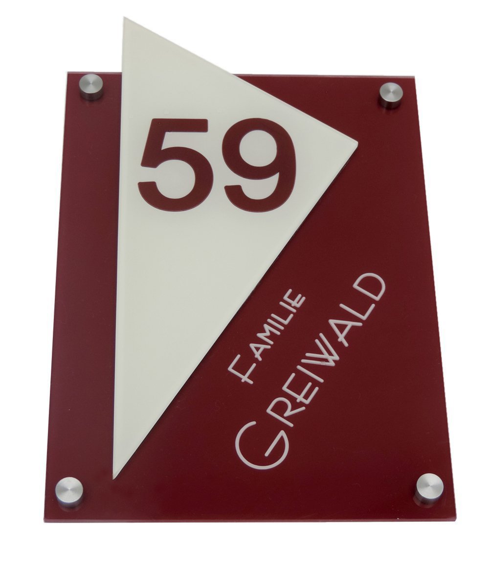 Modernes Namensschild/Türschild D2 made by GravUp mit Hausnummer : Gravur nach Wunsch - Acrylglas mit V2a Befestigungsmaterial