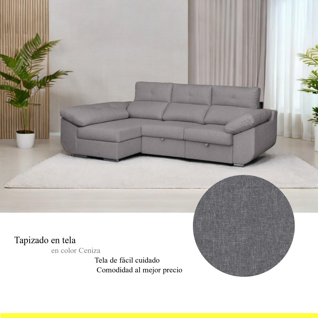 SHIITO | Modelo Avril - Sofá 3 Plazas Izquierda con Chaiselongue y Asientos Deslizantes | Diseño Moderno y Sofisticado | 280 x 150 x 100 cm - Color Ceniza