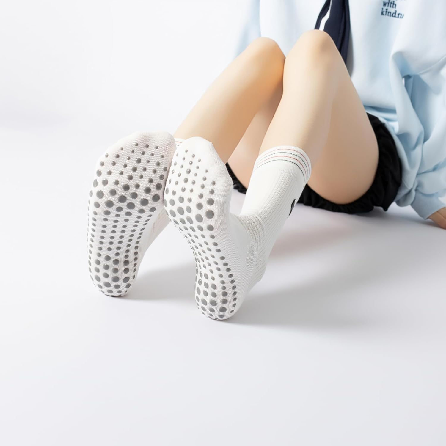 Yoga Pilates Socks with Non-Slip Grips Academic Style Striped Cushioned Crew Socks for Barre Ballet Dance - Image 2