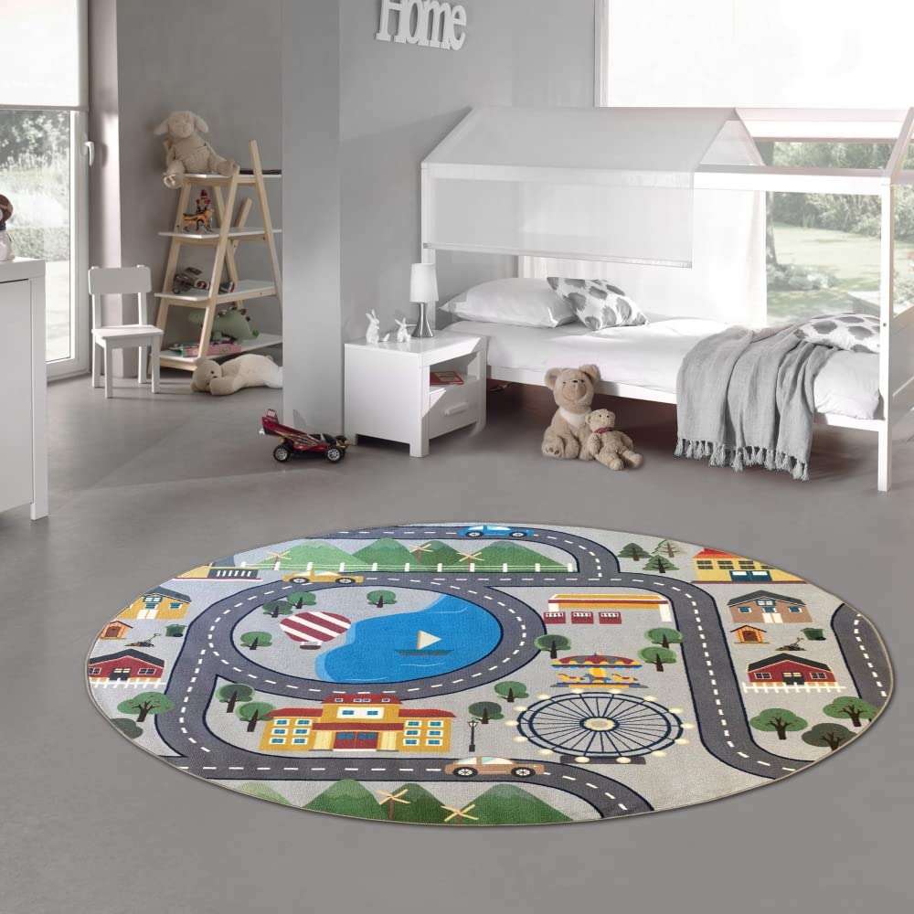 Teppich-Traum Kinder Spielteppich mit Stadtlandschaft auf Hintergrund in grau Größe 200 cm Rund