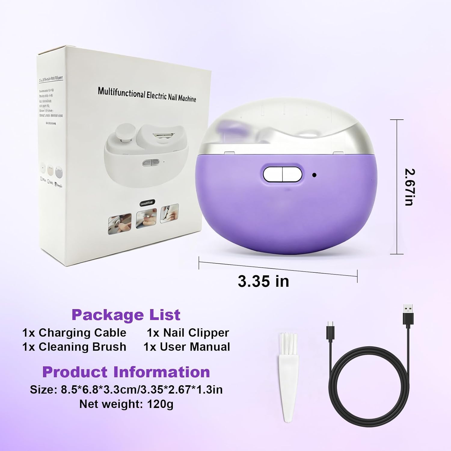 Electric Nail Clipper, 2 in 1 Electric Nail Clippers for Seniors and Adults, Baby Automatic Nail Clipper with Polishing, Light & Storage, Smart Nail Clipper 2-Speed for Fingernail (Purple)