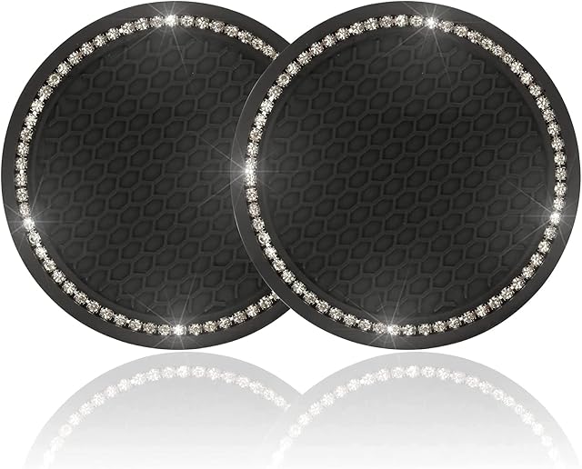 2 Pack 7cm/2.75in Bling Car Cup Holder Coaster Rhinestone Anti Slip Insert Coaster Suitable for Most Car Interior Car Bling for Women,Party,Birthday,Gift (Black)