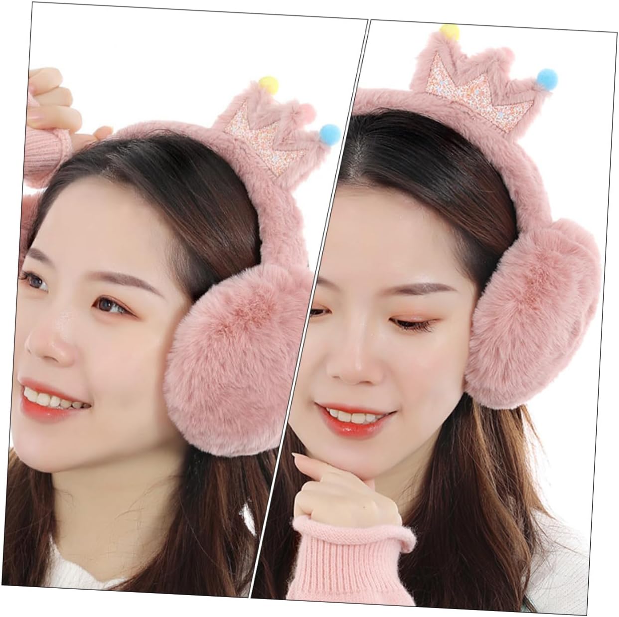 Didiseaon Cartoon Crown Earmuff for Thickened Faux Rabbit Hair Cold-Resistant Ear Cover Portable Unisex Ear Warmer for Outdoor Cold Weather Soft Pink with Random Pom Pom Cute Random Color