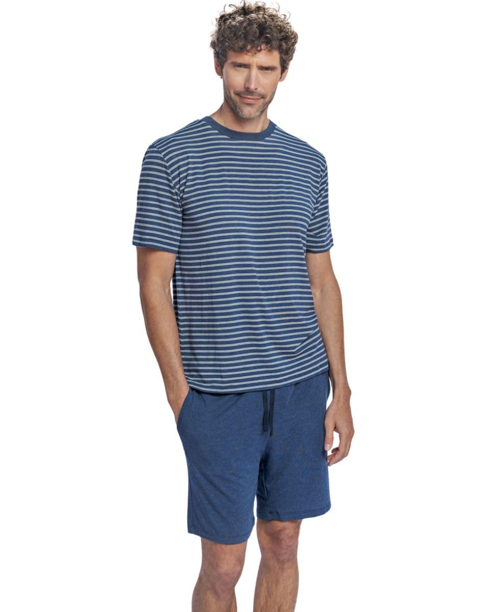 ZD ZERO DEFECTS | Pijama Corto Hombre Modal Ligero | Tejido Suave Transpirable Varias Tallas Disponibles – Color Azul Rayas con Pantalón Liso