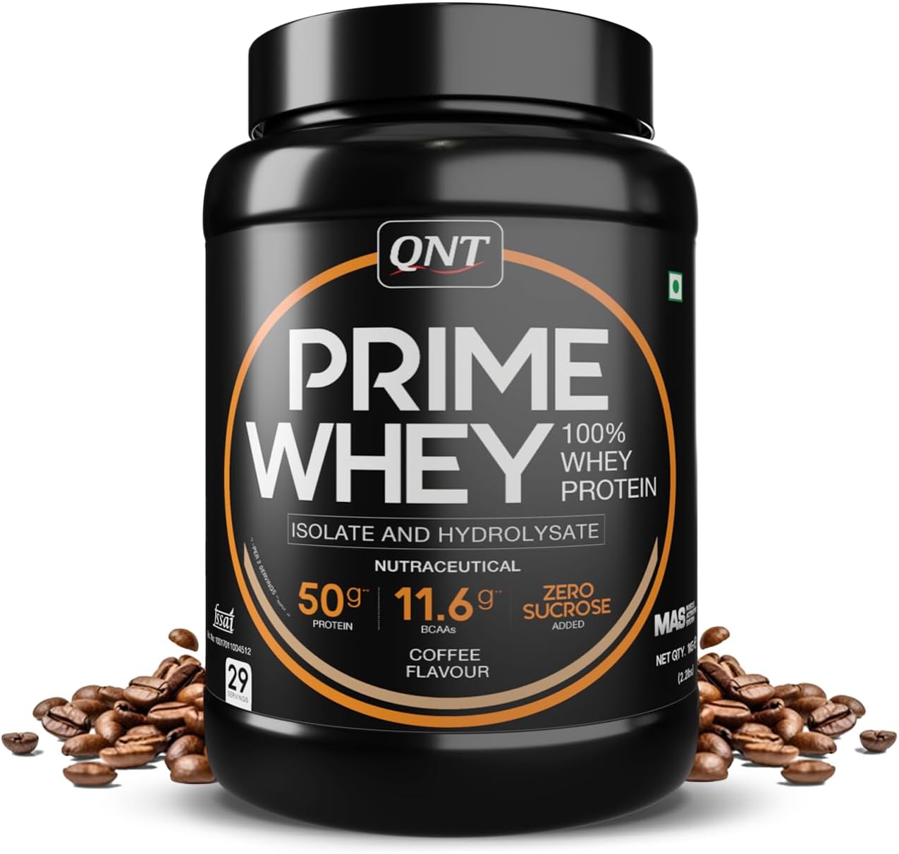 QNT Prime Whey, 100% Whey Protein with whey Isolate & Hydrolysate|1kg, Coffee Flavour| 29 Servings | 50g Protein, 11.6g BCAA, Zero Sugar (per 2scoops)